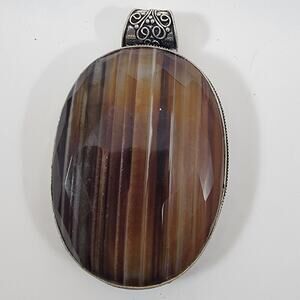 Sterling Silver Pendant with Faceted Oval Banded Agate in Neutral Earth Tones